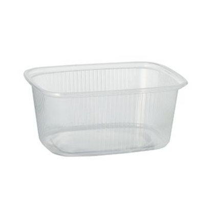The Starpak 100 packaging cup is a 250 ml transparent, rectangular PP food container with rounded corners and ribbed sides from Starpak, ideal for food storage, pictured empty on a solid white background.