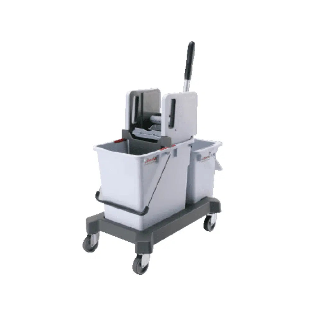The Vileda GmbH CombiSpeed double bucket with press, individually packed, is mounted on a grey trolley. This cleaning device features a wringer handle and an ergonomic handle for easy mobility, making it ideal for efficient wet mopping solutions.