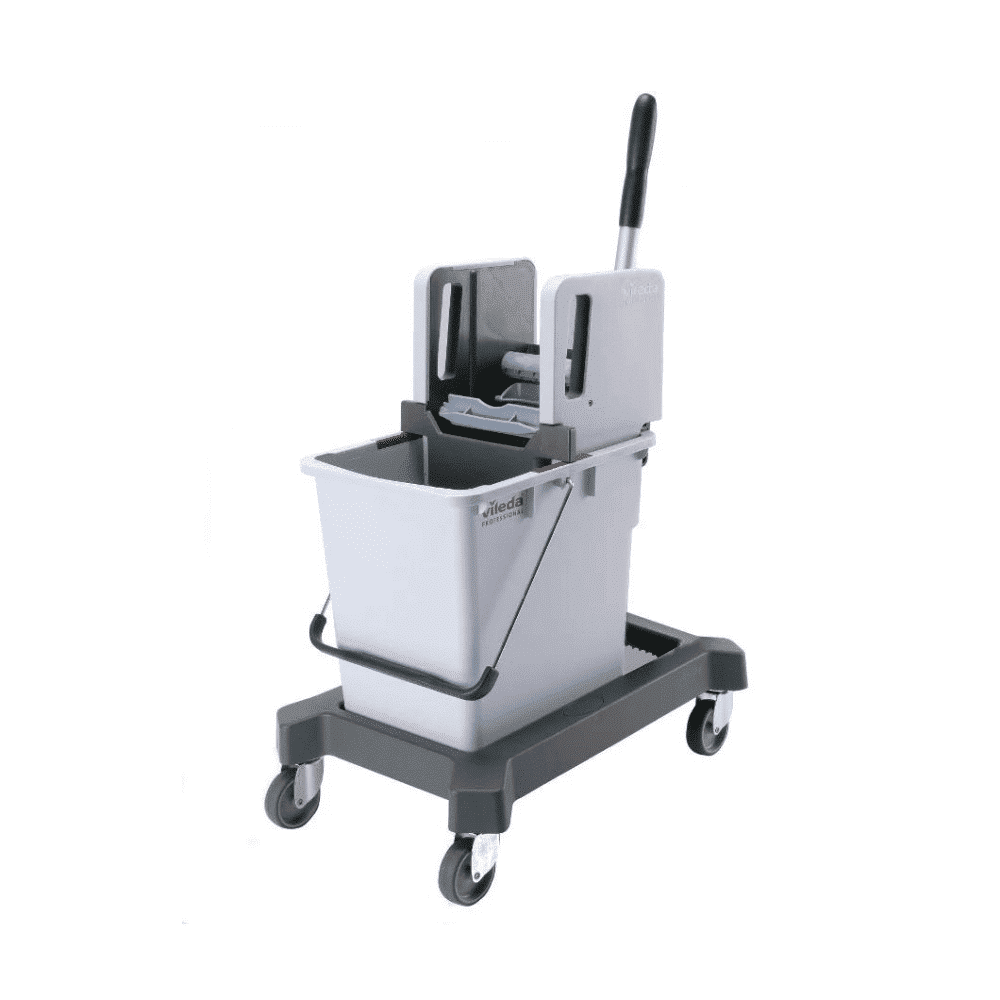 The Vileda Vertical Press Single Bucket System from Vileda GmbH includes a gray mop bucket with a vertical press wringer, mounted on a trolley bucket cart. The cart is equipped with four wheels and a black handle for effortless maneuvering, reflecting the CombiSpeed design of Vileda Professional.