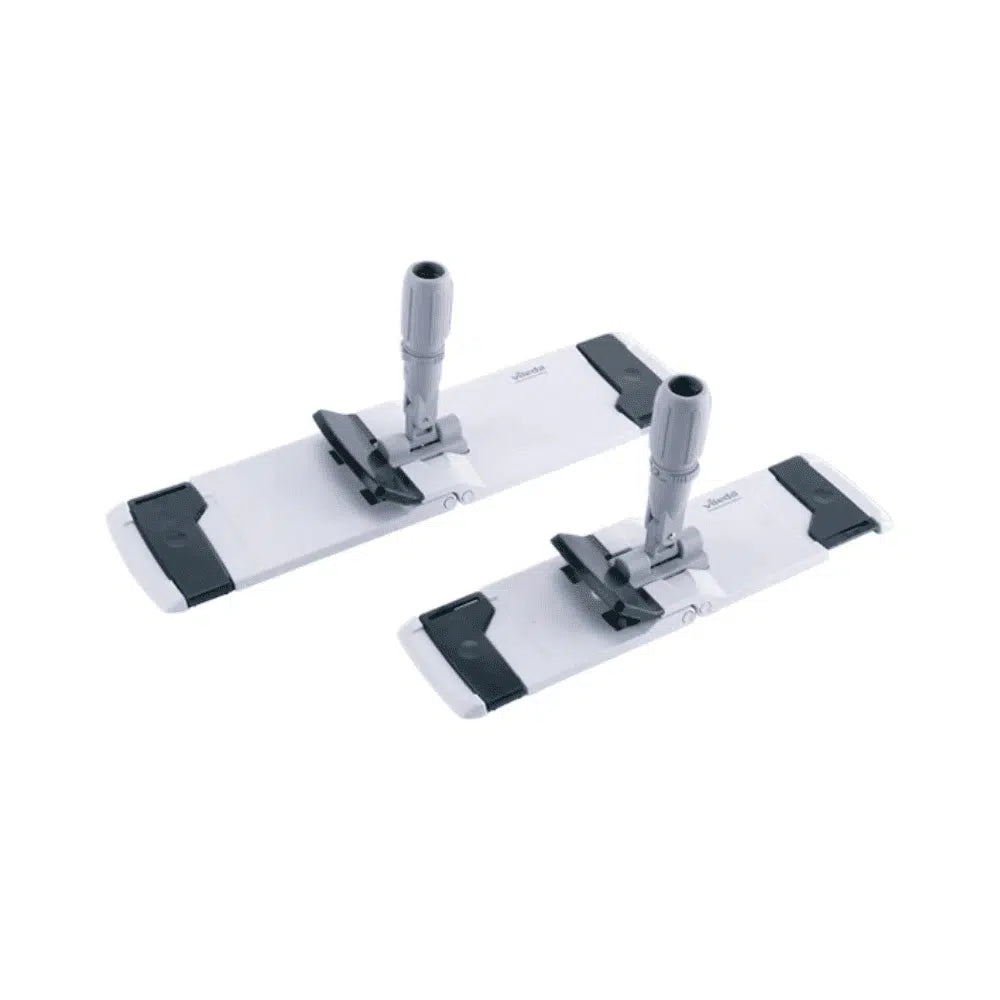 The Vileda GmbH Professional CombiSpeed mop holder includes two white and gray bases with adjustable handles, ideal for attaching cleaning pads.