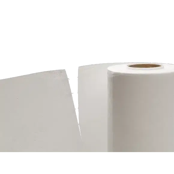 A large roll of Vileda MicroRoll microfiber cloths stands vertically next to a flat, rectangular sheet, both made with endless fiber technology. The roll has a visible cardboard core against a white, object-free background.