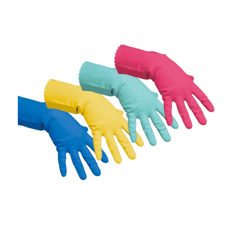 Four Vileda Professional multipurpose gloves, part of the collection "The Fine All-Purpose Glove" by Vileda GmbH and made from natural latex glove material, are lined up against a white background. From left to right, the versatile gloves are in the colors blue, yellow, green, and pink.