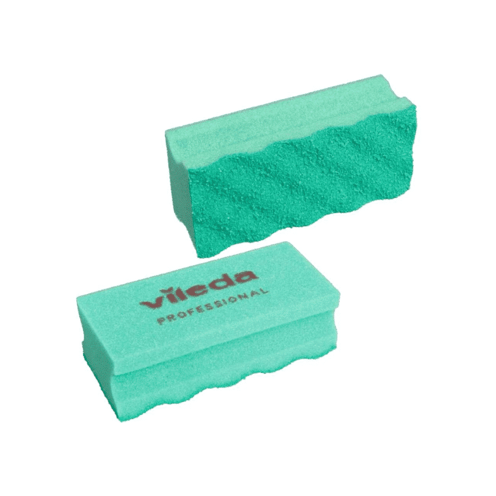 Depicted are two green cleaning sponges with a wavy surface. One sponge bears the red inscription "Vileda GmbH," indicating the high quality of the Vileda PUR Active design. Both sponges made of durable polyurethane are seen against a white background.