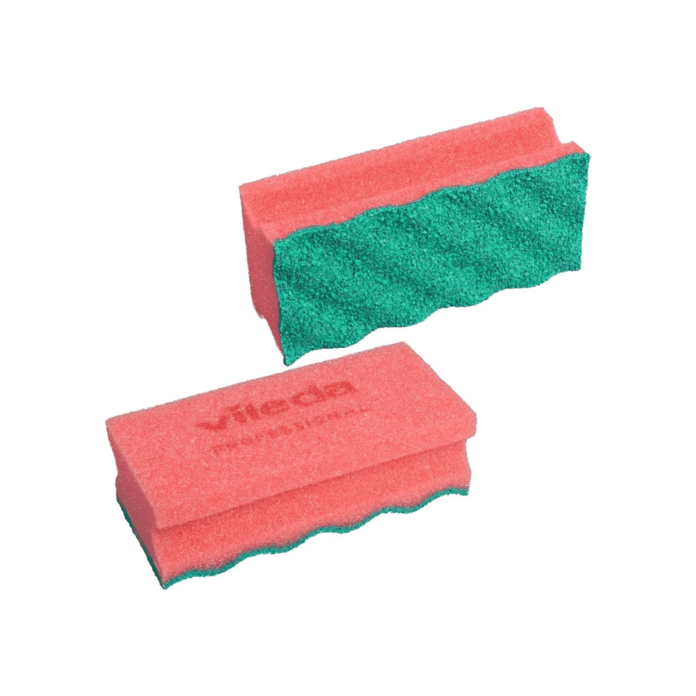 Depicted are two Vileda PUR Active SpongeProfi cleaning sponges from Vileda GmbH. One sponge stands upright showing its textured green scrubbing surface, while the other lies flat displaying the textured pink side with the Vileda logo. These cleaning sponges made of durable polyurethane ensure efficient cleaning.