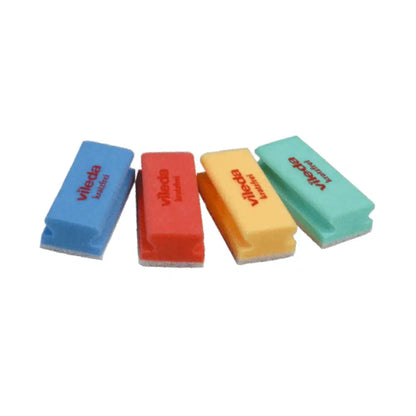 Four Vileda Professional scratch-free sponges from Vileda GmbH are arranged in a row and presented in the colors blue, red, yellow, and green with the brand's logo. Thanks to their white cleaning edges, these sponges guarantee scratch-free cleaning on various surfaces.