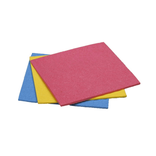 Three stacked Vileda Aqua sponge cloths in red, yellow, and blue from Vileda GmbH. These textured, square cloths are made of natural cellulose and feature a red top layer on a white background.
