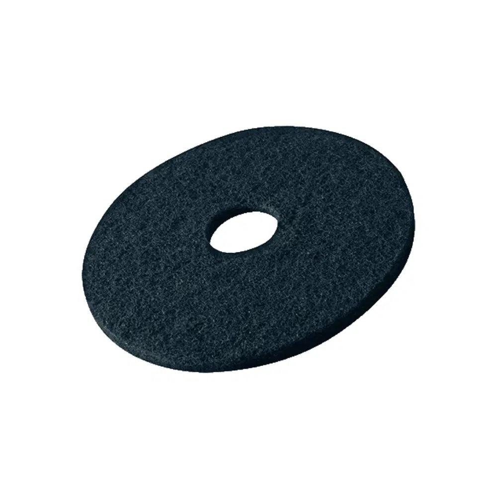 Die Vileda Professional DynaCross Superpads Bodenscheiben von Vileda GmbH sind schwarze, runde Bodenpolierpads mit einem Loch in der Mitte. Ihre strukturierte Oberfläche ist perfekt für die Bodenpflege geeignet und ermöglicht hervorragendes Polieren und Polieren mit Bodenreinigungsmaschinen.