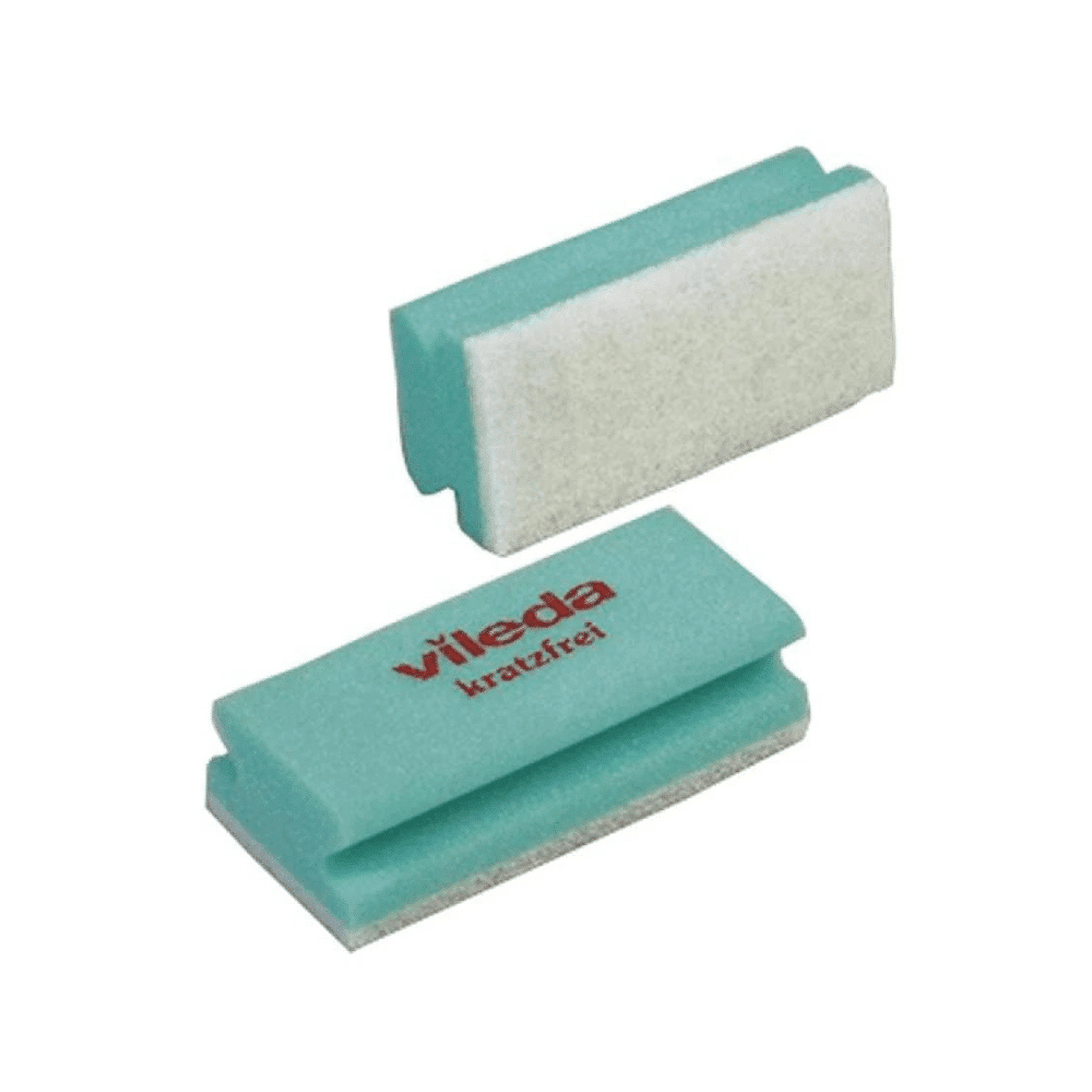 Pictured are two Vileda Professional scratch-free sponges with green-white surfaces and the inscription "Vileda scratch-free" in red lettering. These sponges manufactured by Vileda GmbH ensure a scratch-free cleaning experience and a curved design for easy handling while also complying with HACCP guidelines.