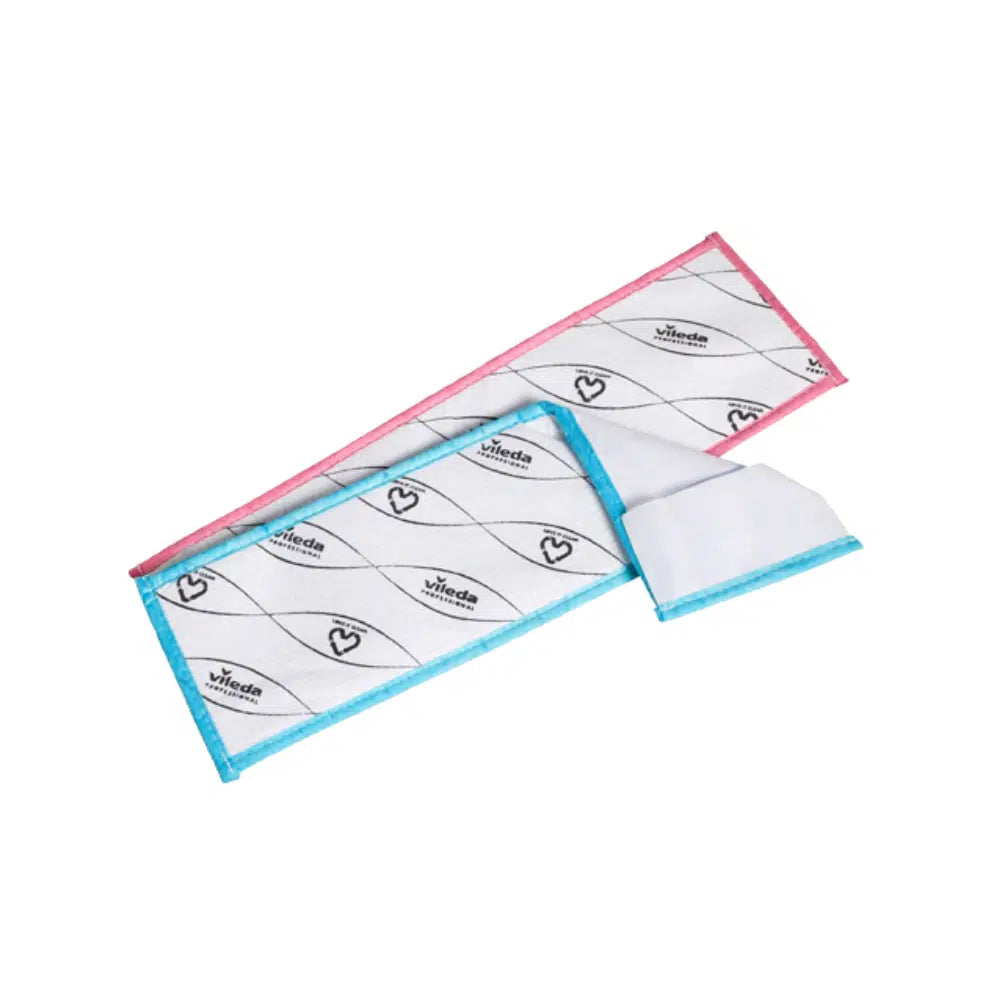 Two rectangular mop pads with printed designs have a pink border on one and a blue border on the other, both displaying patterns and the brand name of Vileda GmbH. This offers a stylish solution for sustainable cleaning by using the Vileda Professional MicroOne CombiSpeed Pro Mop.