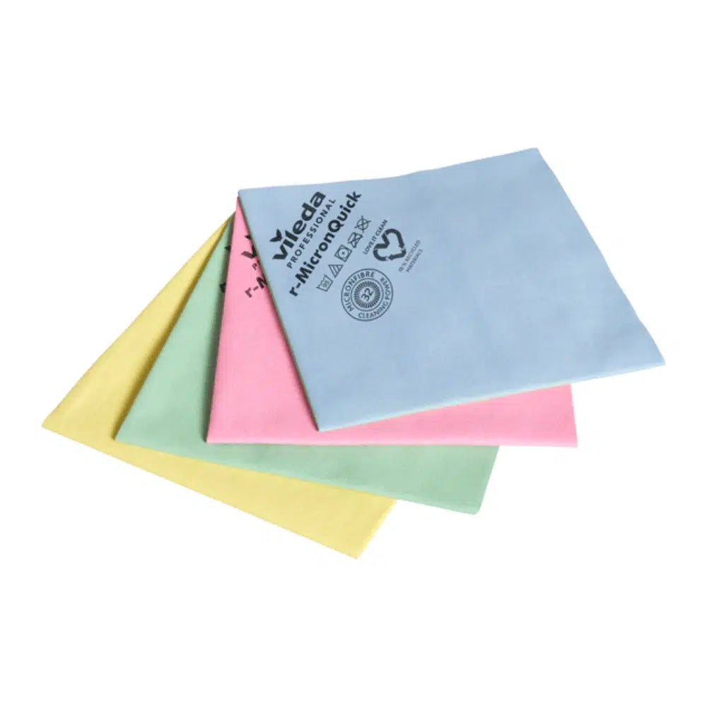 A set of Vileda r-MicronQuick microfiber cloths from Vileda GmbH, consisting of four folded cloths in blue, pink, green, and yellow, is arranged in a fan shape. The blue cloth contains printed texts and symbols highlighting its excellent cleaning performance and is made from recycled material for environmentally friendly cleaning.