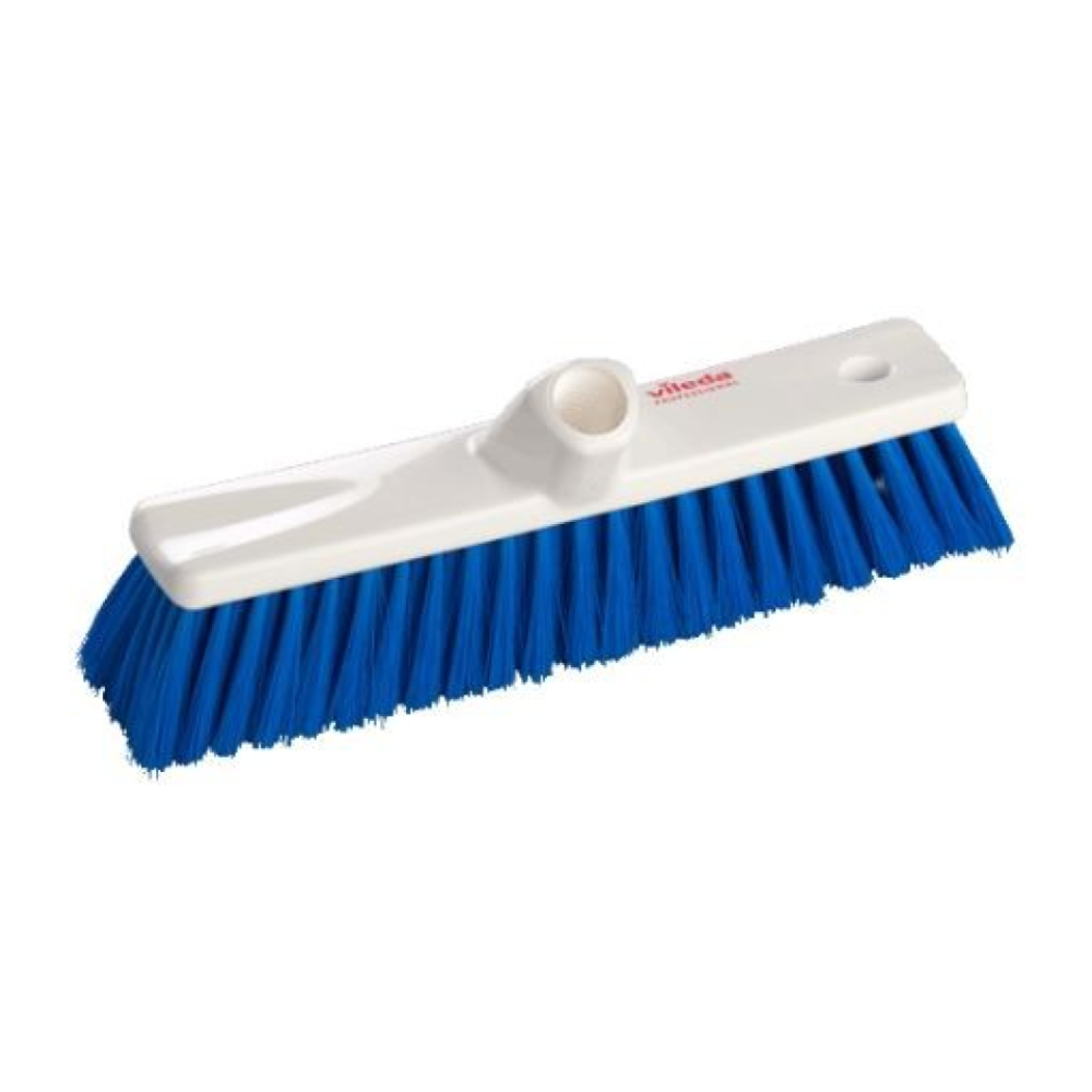 The Vileda Professional soft broom blue, available in sizes 30 cm or 50 cm and sold individually, features blue bristles and a white plastic base with a central hole for handle attachment. This broom from Vileda GmbH offers a durable construction to ensure cleanliness.