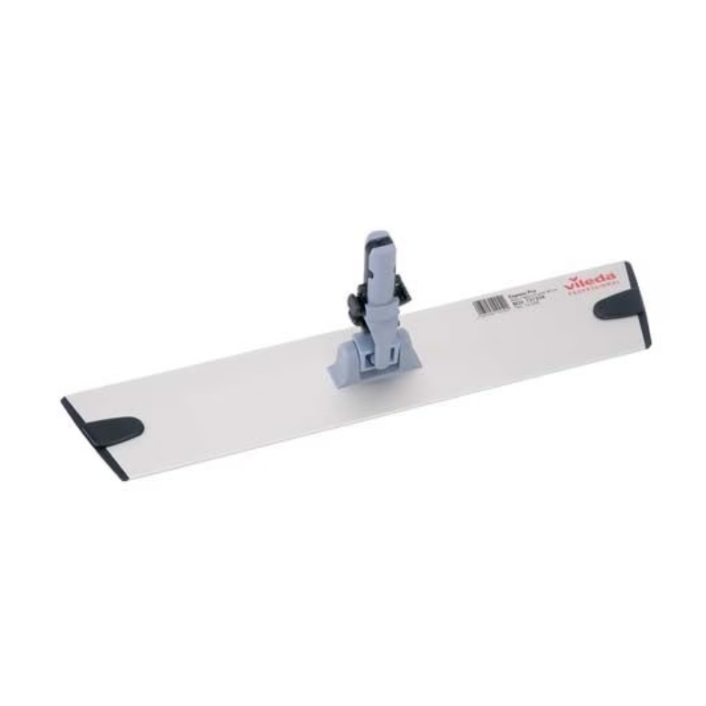 The Vileda GmbH Professional Express Pro Mop Holder - 40 cm | Package (1 piece) includes a flat mop head with a light gray rectangular base and central hinge attachment, ideal for professional cleaning. Its ergonomic trapezoid design is enhanced by slightly raised edges and small dark gray pads at each corner.