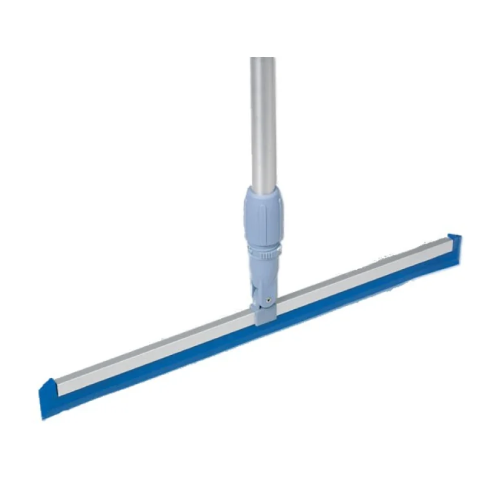 The Vileda Professional MultiSqueegee water scraper - 50 c from Vileda GmbH is presented with a long silver handle with a comfortable light blue grip and a blue rubber lip. This squeegee, known both as a water scraper and a squeegee, is positioned vertically against a plain background.