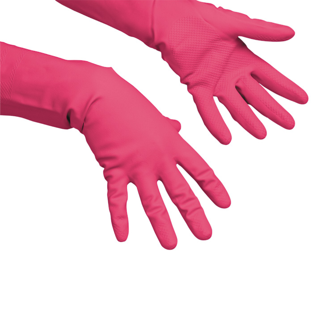 Two Vileda Professional Multipurpose - The Fine All-Purpose Glove in Red by Vileda GmbH are depicted on a white background. These gloves, which are perfect for cleaning tasks, are shown with the palms up and the fingers slightly spread.