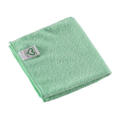 A folded light green Vileda Professional r-MicroTuff Swift microfiber cloth from Vileda GmbH features a small label with a recycling symbol on the edge. The textured cloth lies flat on a white background, highlighting its eco-friendly nature.