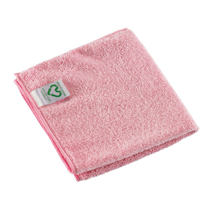 A folded pink Vileda Professional r-MicroTuff Swift microfiber cloth made from recycled material with a textured surface. At one corner, on a plain white background, a small white label with a green recycling symbol is visible.