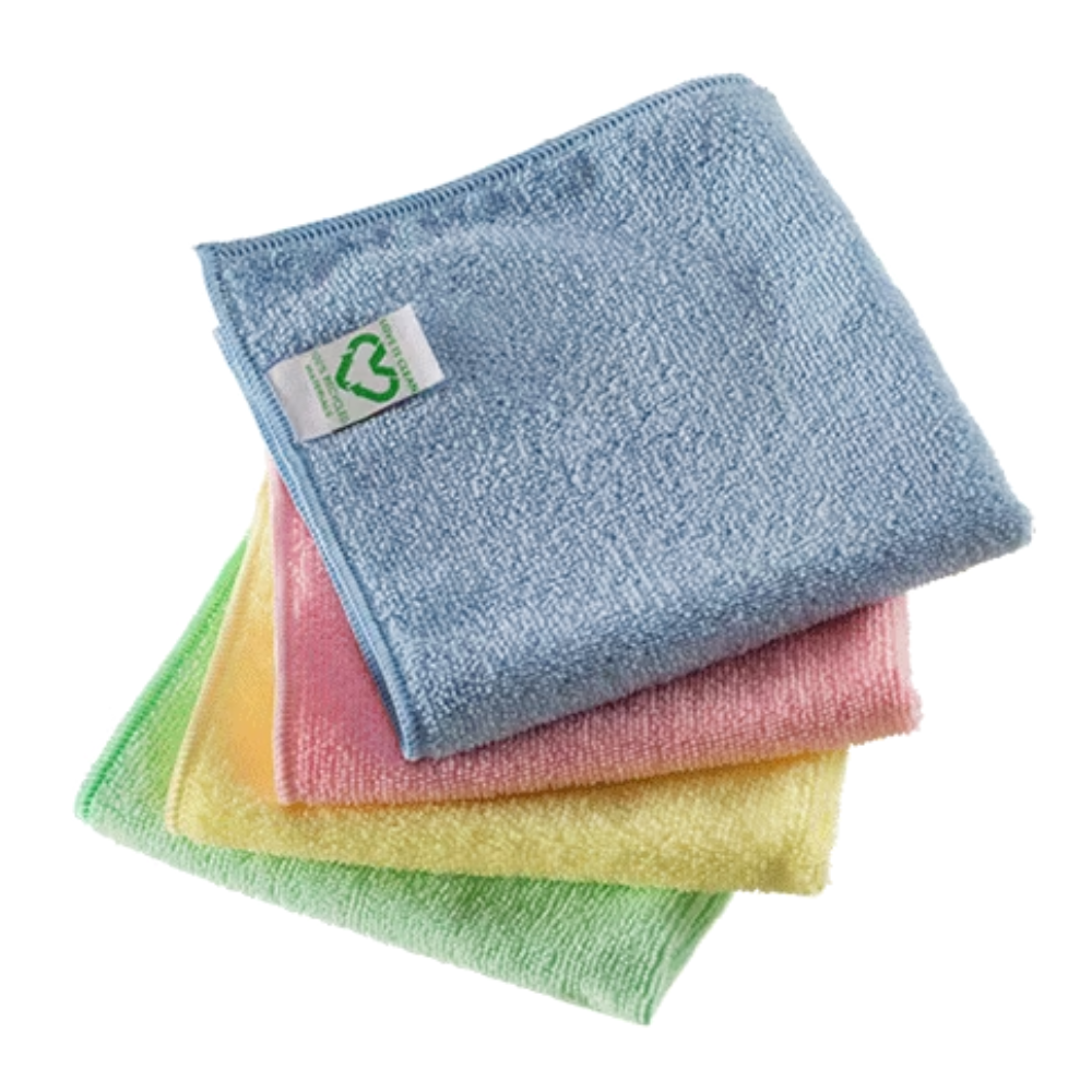 A set of Vileda Professional r-MicroTuff Swift microfiber cloths in various colors, including blue, pink, and green, is neatly stacked with a visible label on the blue cloth. These recycled microfiber cloths from Vileda GmbH meet sustainable standards while ensuring efficient cleaning performance.