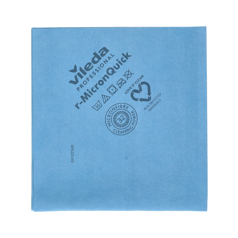 Displayed is a folded blue Vileda Professional r-NanoTech micron microfiber cleaning cloth from Vileda GmbH. It is printed with symbols and text indicating that it removes viruses and bacteria, is made from recycled materials, has low environmental impact, and is washable up to 95 °C.