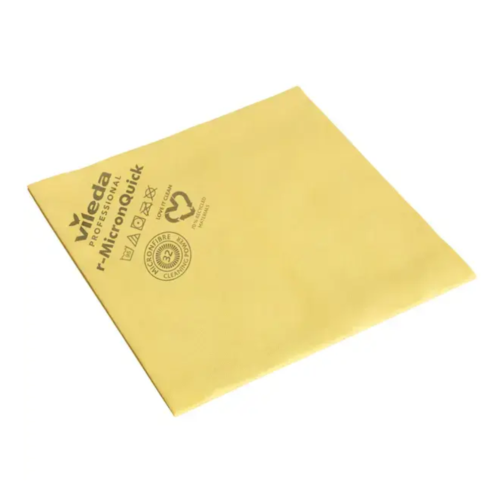 A yellow Vileda Professional r-NanoTech micron microfiber cleaning cloth from Vileda GmbH is folded flat. This cloth, made from recycled materials, features printed texts and symbols for brand and care instructions on its surface.