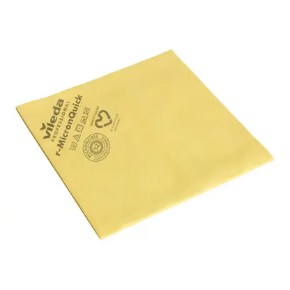 A yellow Vileda Professional r-NanoTech micron microfiber cleaning cloth from Vileda GmbH is folded flat. This cloth, made from recycled materials, features printed texts and symbols for brand and care instructions on its surface.