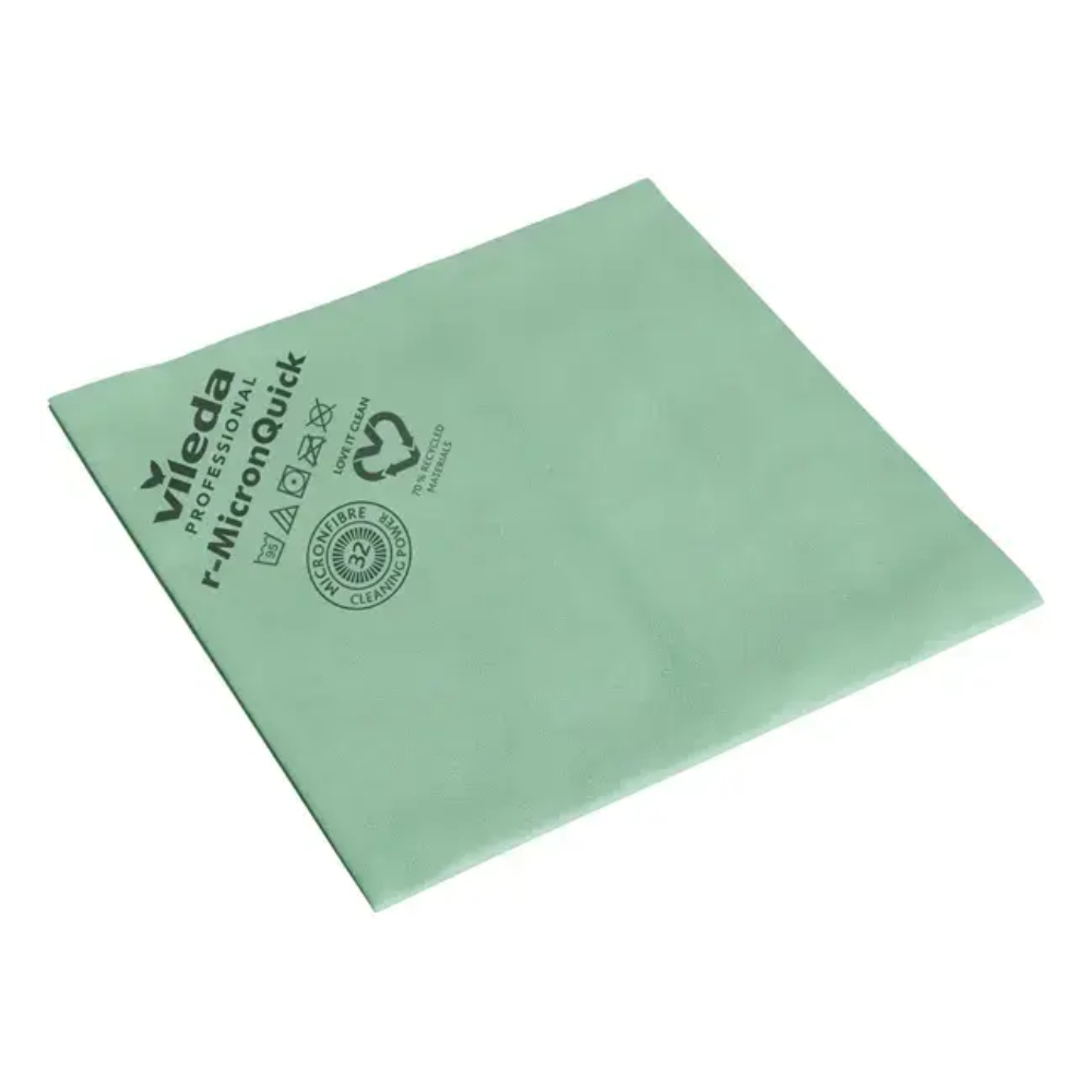 The square, green microfiber cleaning cloth from Vileda GmbH is made from recycled materials and bears the brand logo. It is part of the r-NanoTech micron series and effectively helps in removing viruses and bacteria. The cloth measures 38 x 40 cm, lies flat, some printed symbols are visible, and it comes in a pack (5 pieces).