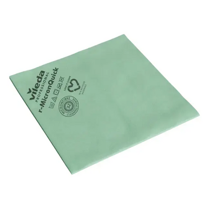 The square, green microfiber cleaning cloth from Vileda GmbH is made from recycled materials and bears the brand logo. It is part of the r-NanoTech micron series and effectively helps in removing viruses and bacteria. The cloth measures 38 x 40 cm, lies flat, some printed symbols are visible, and it comes in a pack (5 pieces).