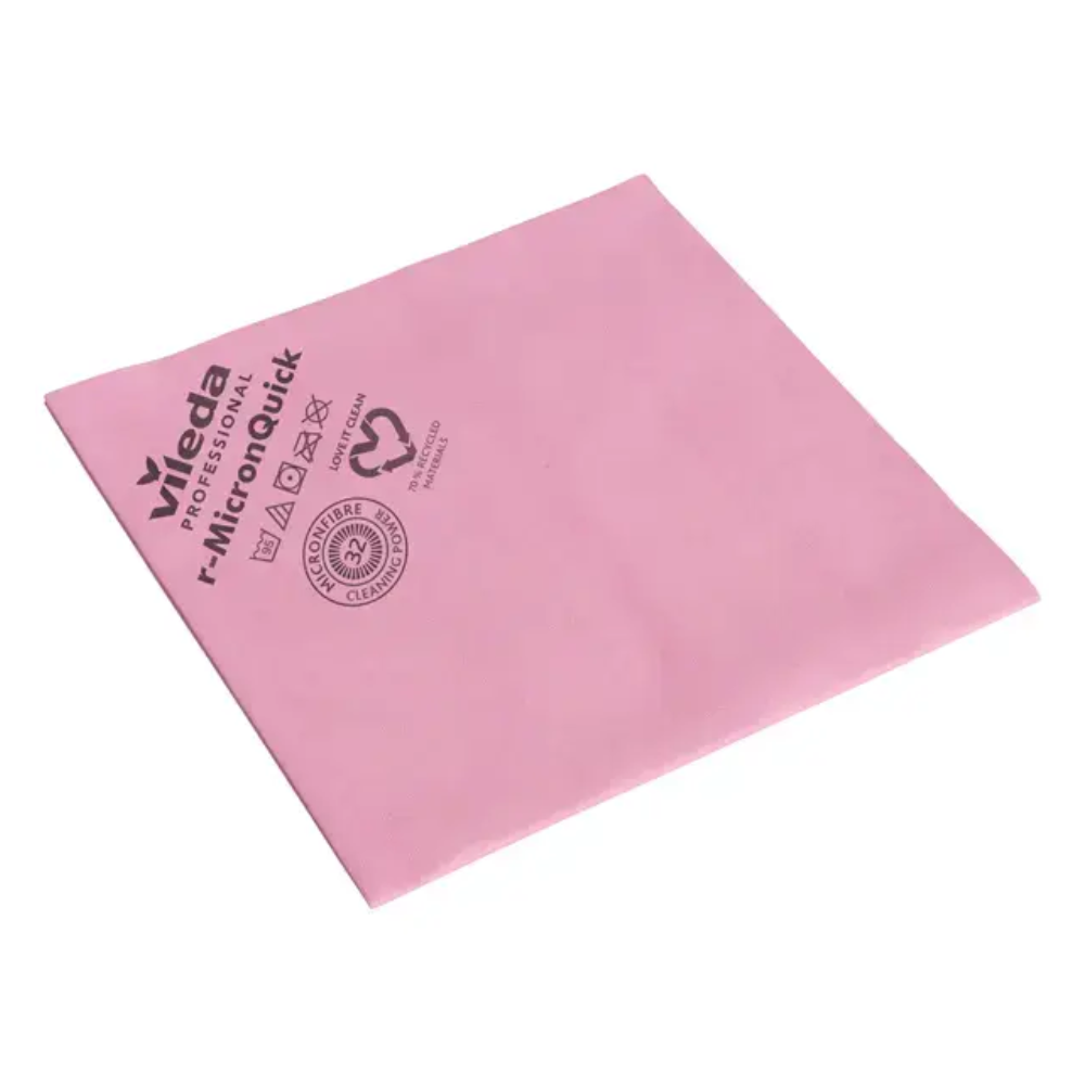 On a white background, a pink Vileda Professional r-NanoTech micron microfiber cleaning cloth from Vileda GmbH is depicted. The cloth is printed with texts and symbols regarding material, care instructions, and effectiveness in removing viruses and bacteria.