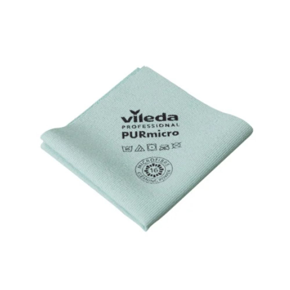 A folded light green Active Microfiber Cloth from Vileda GmbH, labeled with "Vileda Professional PURmicro," care symbols, and the number "16" in a circle, always guarantees streak-free cleaning.