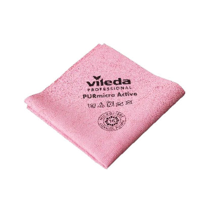 The Vileda GmbH Professional PURmicro Active Microfiber Cloth is a pink cleaning cloth with recycling symbols and care instructions. Slightly folded, it offers a clean, soft texture, perfect for streak-free cleaning.