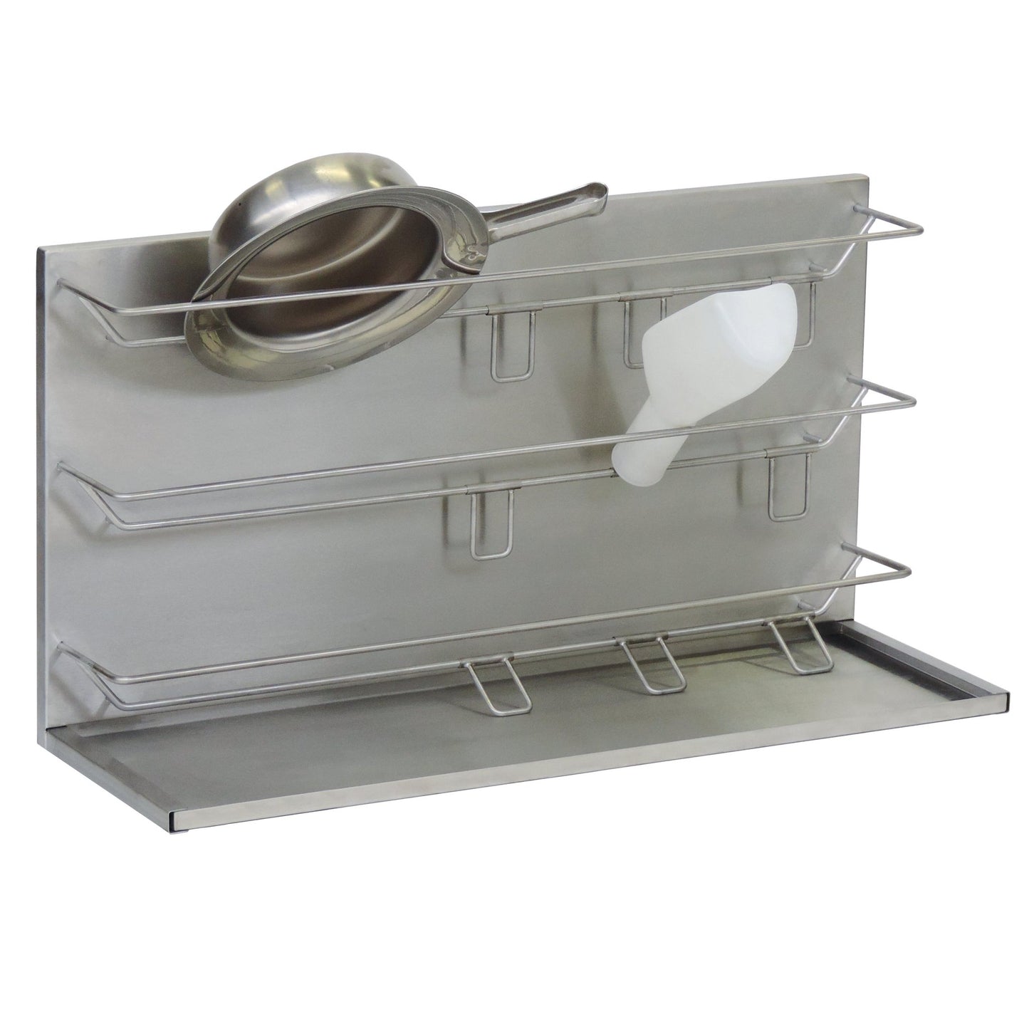 The Novocal wall shelf made of stainless steel (approx. 950 mm, 1 piece) offers ideal storage space for wash bowls and urine bottles thanks to three horizontal rods and a shelf at the bottom.