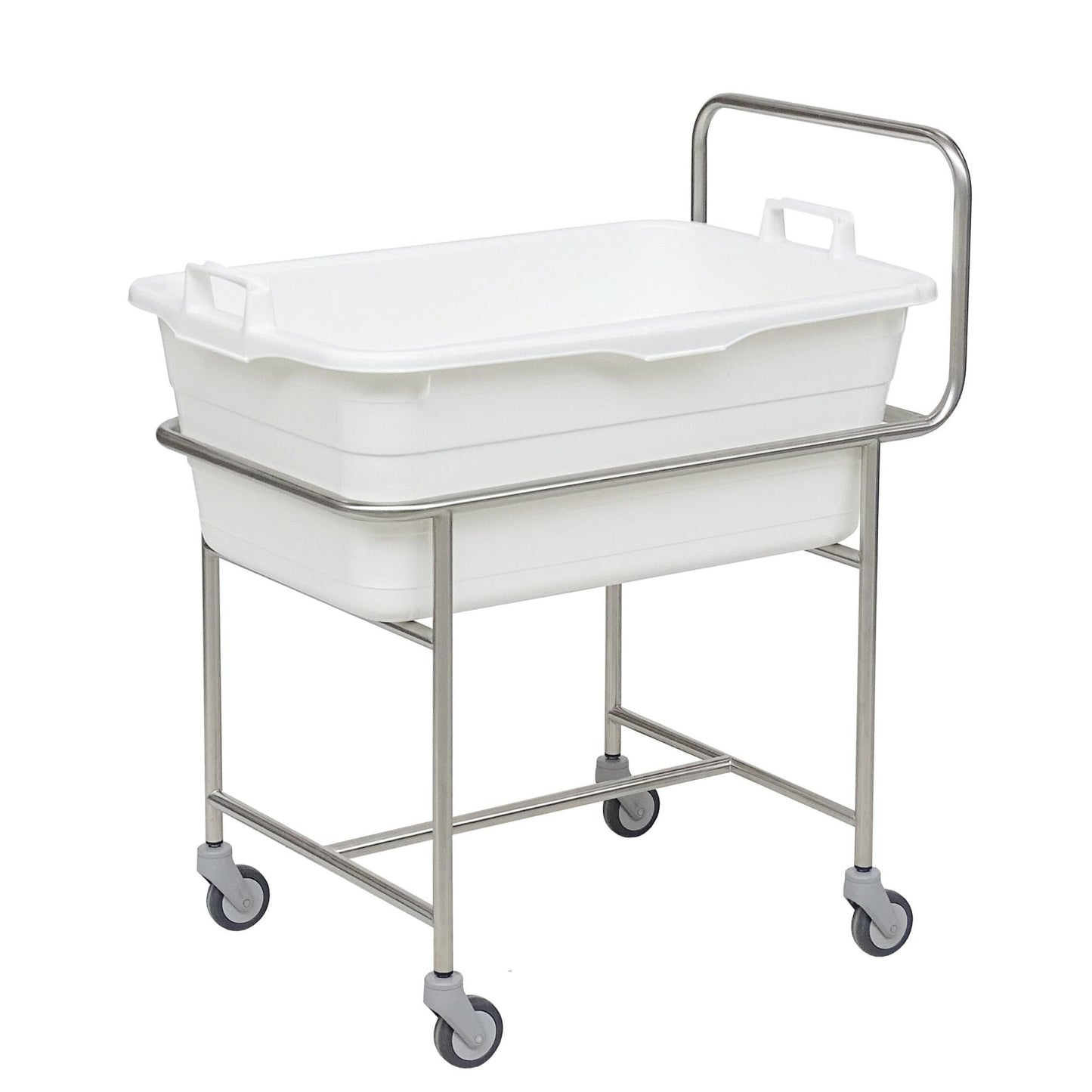 The Novocal stainless steel chassis with push bar features four Ø 75 mm easy-running swivel castors and holds a white plastic tub with handles.