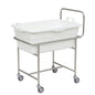 The Novocal stainless steel chassis with push bar features four Ø 75 mm easy-running swivel castors and holds a white plastic tub with handles.