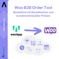 Eine Infografik für das Shopify B2B Order Tool von Altruan zeigt die Logos von Altruan und Shopify und hebt die Shopify-Integration hervor. Der deutsche Text erläutert Funktionen wie kundenindividuelle Preise, Bestellwecker und benutzerdefinierte Preise mit klaren Symbolen.