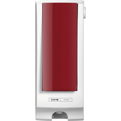 The CWS front panel for Paradise Seatcleaner is a white, wall-mounted dispenser with a striking red front and CWS branding, perfect for improving toilet hygiene.