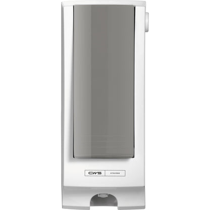 The CWS front panel for Paradise Seatcleaner is a wall-mounted, rectangular dispenser with a transparent front plate and white frame, equipped with a small push lever and the CWS brand name at the bottom.
