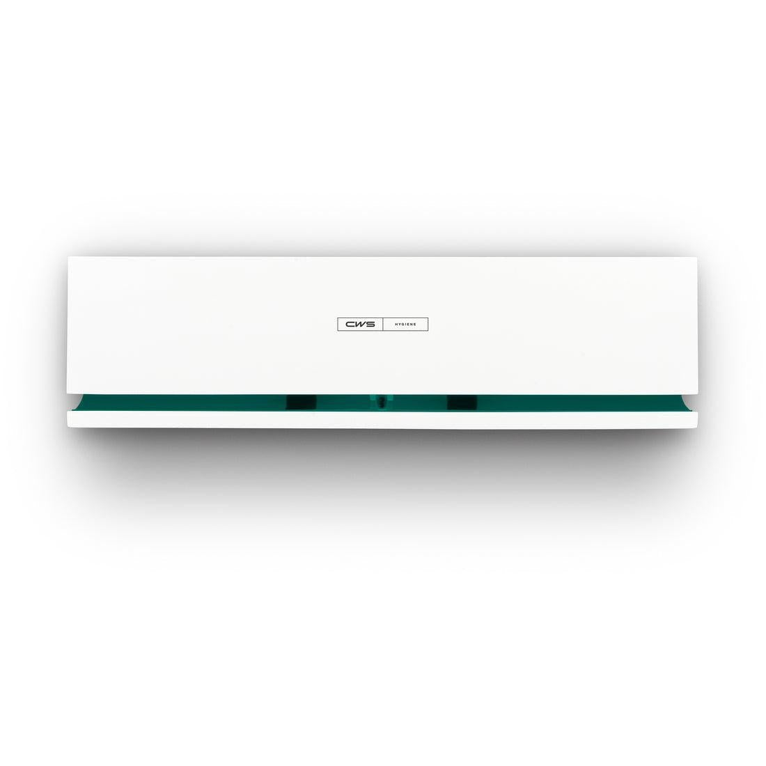 A white, rectangular, wall-mounted CWS front panel for the Air Bar fragrance dispenser features a modern design with a small green window and a central "CWS Hygiene" label. Ideally suited for the CWS Air Bar fragrance dispenser.