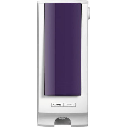A wall-mounted CWS toilet seat cleaner dispenser with a white body and a dark purple CWS front panel for SeatCleaner, featuring the "CWS Hygiene" logo at the bottom edge.