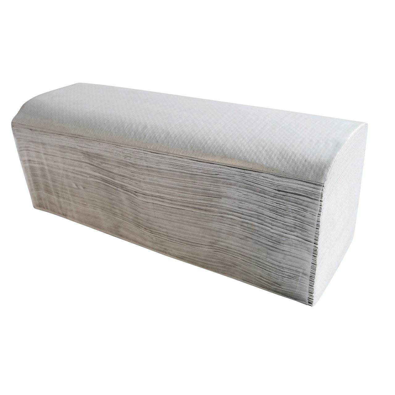 A stack of CWS folding paper natural white special recycling paper towels, 1-ply with V-fold, is neatly arranged in a rectangular block on a white background. Delivered in cartons with 20 packs.