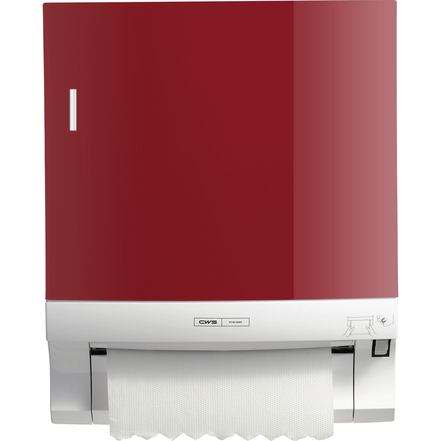 The red and white CWS front panel for Paperroll paper towel dispensers features a visible paper towel roll, with a rectangular display and brand label for optimal washroom management.