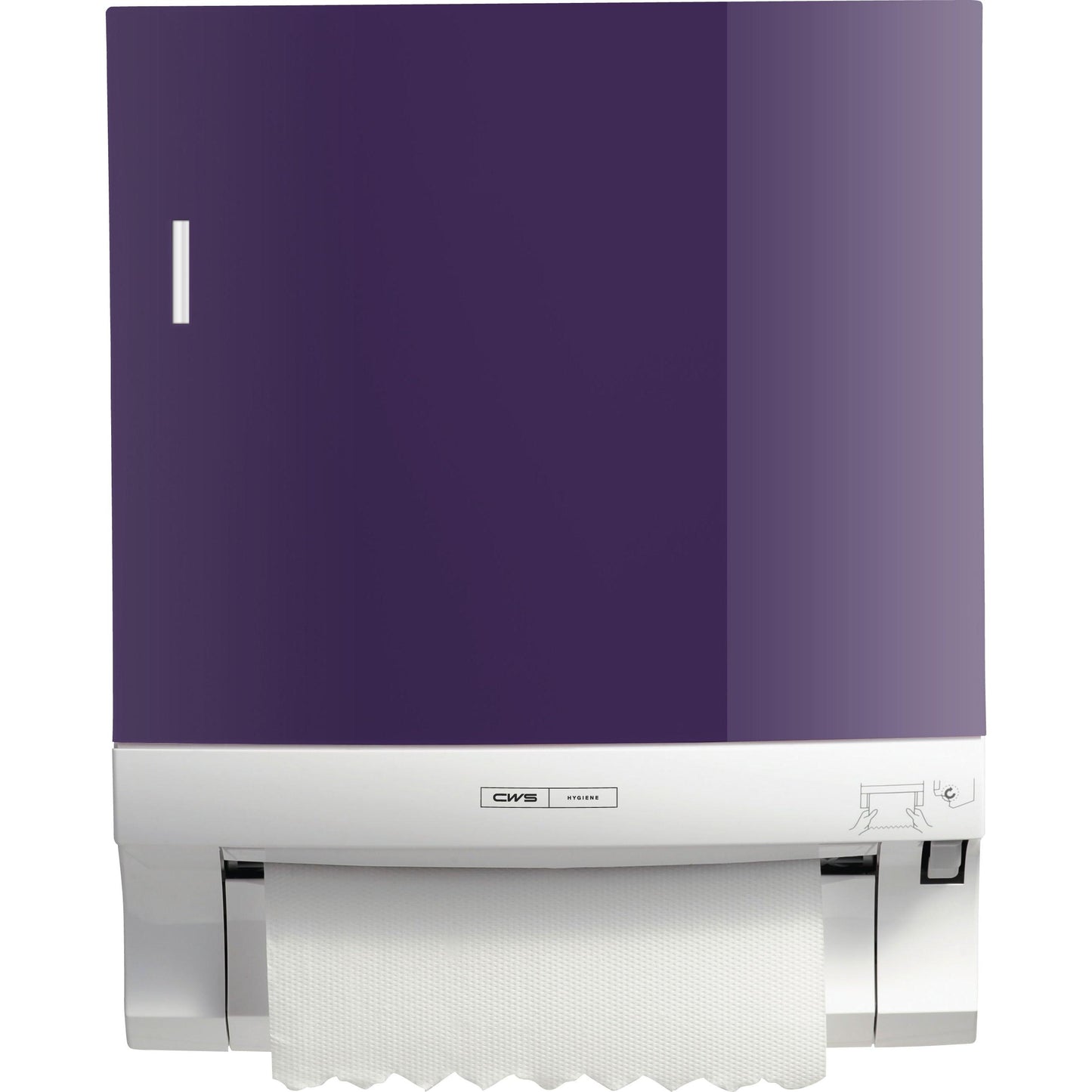 The CWS front panel for Paperroll paper towel dispensers from CWS features a purple front panel, a visible white paper towel roll, and a wall-mounted design - perfect for stylish washroom optimization.