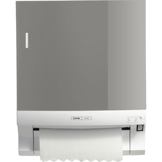 Das wandmontierte CWS Frontpanel für Rollenpapierhandtuchspender Paperroll von CWS zeigt ein teilweise herausgezogenes Blatt und ein Anleitungssymbol an und ist damit ideal für eine effiziente Waschraumoptimierung.