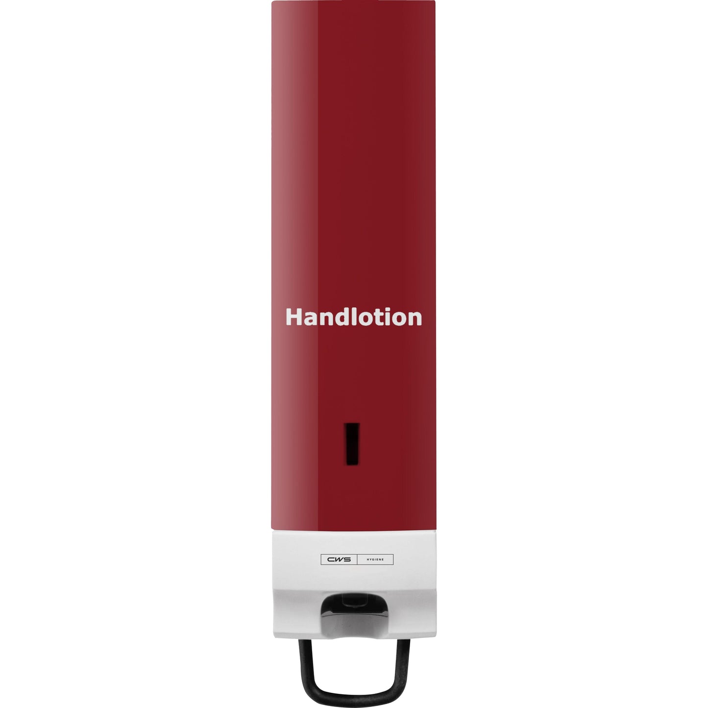 The red-white, wall-mounted CWS front panel for Foam Slim soap foam dispensers features a striking label with the inscription "Hand lotion", a black lever for easy dispensing, and the typically elegant design of the CWS brand.