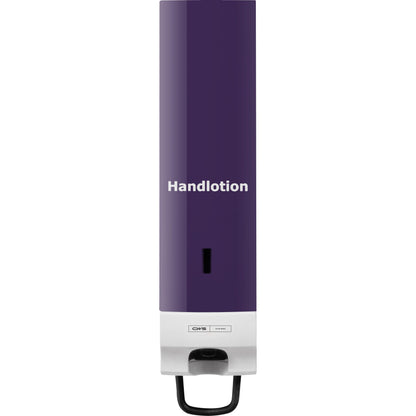 The CWS front panel for Foam Slim soap foam dispensers has a purple "Hand lotion" top and a white bottom with levers, creating an elegant look for any room.