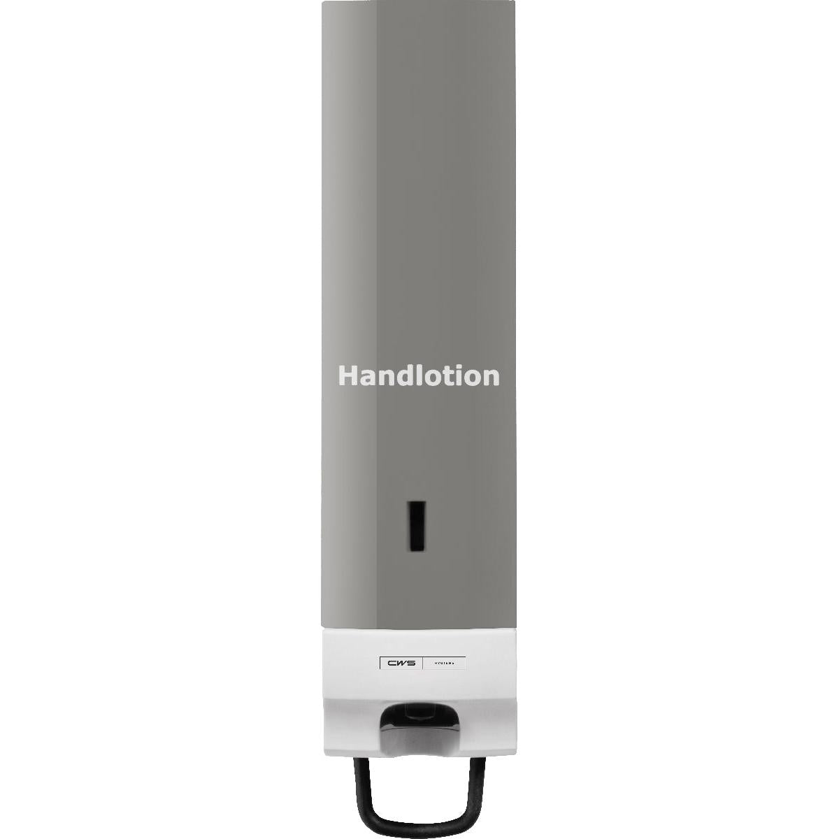 The CWS front panel for Foam Slim soap foam dispensers is a gray-white wall dispenser with an elegant appearance, a viewing window, a black dispensing lever, and the inscription "Hand lotion". With the practical CWS front panel design.