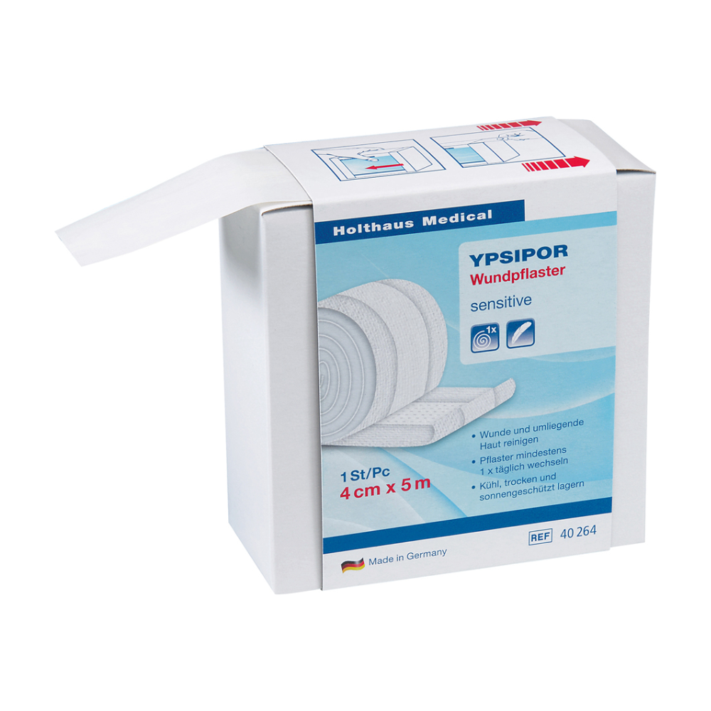 A white box of "Holthaus Ypsipor wound plaster, fleece" by Holthaus Medical GmbH & Co. KG contains a 4 cm x 5 m roll of medical plaster made from skin-friendly fleece. The box shows application instructions and indicates that it is made in Germany, ideal for first-aid needs.