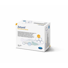 Eine weiße Schachtel der Paul Hartmann AG Auslaufartikel: Hartmann Zetuvit® Plus Silicon Border 10x10 cm, steril enthält 10 Wundauflagen und zeigt den Produktnamen, die Beschreibung, das Logo und eine Abbildung der Silikon-Wundauflage.