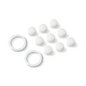 On a white background, eight small, round white objects resembling cotton balls are visible and arranged in a triangular formation. Two white plastic rings, probably replacement filters for the product "Beurer FC 40 Replacement Filters for Pore Cleanser | Pack (20 pieces)" by Beurer GmbH, are placed to the left of the cotton balls.