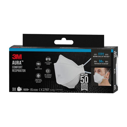 A package of 3M™ Aura™ Comfort Particulate Respirator 9320+ (FFP2, without valve) from 3M Deutschland GmbH, contains 3 masks per package and offers 94% particle filtration. The packaging shows the white mask and a person wearing it.