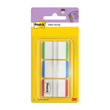 A pack of Post-it® Index Strong Filing Tabs from 3M Deutschland GmbH contains 66 standard adhesive strips (25.4 mm x 38.1 mm) in various colors, neatly arranged in a dispenser with a yellow and purple back.