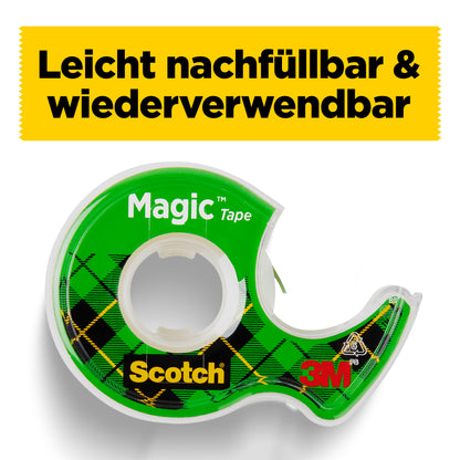 Unter einem gelben Banner mit fettgedruckter schwarzer deutscher Schrift ist eine Scotch® Magic™ Unsichtbares Klebeband Nachfüllpackung (2 Rollen, 19 mm x 7,5 m) von 3M Deutschland GmbH abgebildet.